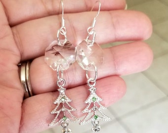 Sterling Silver Christmas Tree Dagle Earrings, Christmas Jewelry, Crystal Christmas Earrings, Christmas Tree Jewelry, Holiday Season