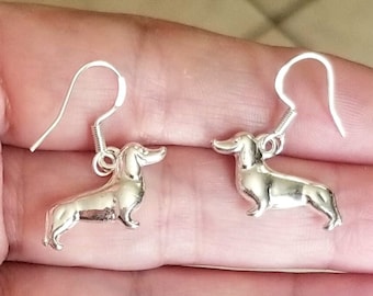 Sterling Silver Dachshund Dangle Earrings, Adorable Dog Jewelry, Dachshund Earrings, Dachshunds