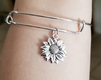 Silver Sunflower Charm Bracelet, Silver Bangle Bracelet, Sunflower Jewelry, Gift, Womens Jewelry, Teen Girls Gift, Flowers, Summer Jewelry