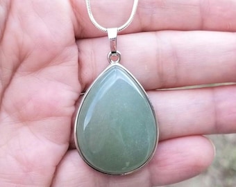 Collar de aventurina en plata de ley, colgante grande de aventurina, colgante en forma de lágrima, aventurina natural, joyería de aventurina verde.