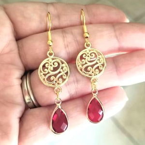 14k Gold Ruby Earrings, Ruby Teardrop Earrings, Ruby Earrings, Ruby Dangle Earrings, Ruby Jewelry, Gifts for Her, Red Birthstone Earrings