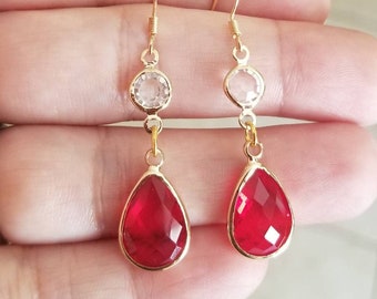 14k Gold Ruby Earrings, Tear Drop Earrings, Ruby Dangle Earrings, Drop, Womens Earrings, Simulated Ruby Jewelry, Gifts for Her, Red Earrings