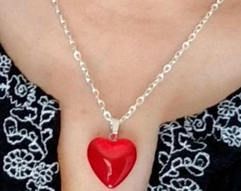 Naszyjnik z wisiorkiem w kształcie czerwonego serca ze szkła, duży naszyjnik z czerwonym sercem, srebrny łańcuszek, rubinowoczerwone serce, szklane serce w kształcie puchu, kolczyki z czerwonym sercem, komplet biżuterii