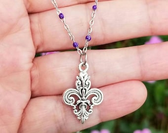 Fleur de Lis Necklace, Purple Beaded Fleur de Lis Necklace, Silver Fleur De Lis Pendant Necklace, Paris, New Orleans, Mardi Gras Necklace