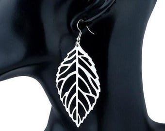Silver Leaf Dangle Earrings, Large Leaf Earrings, Leaf Jewelry, Nature, Bohemian, Leaf Drop Earrings