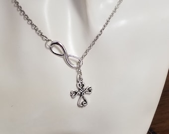 Silber Kreuz Halskette, Infinity Kreuz Halskette, Lariat Halskette, religiöse Halskette, Kreuz Halskette für Frauen, religiöser Schmuck