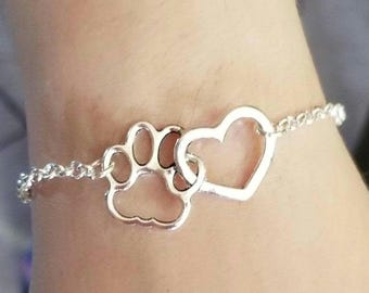オープンハートと肉球のアンクレット、シルバーの肉球アンクレット、犬好きへのギフト、犬の肉球アンクレット、猫の肉球ブレスレット、肉球ジュエリー、ハートアンクレット