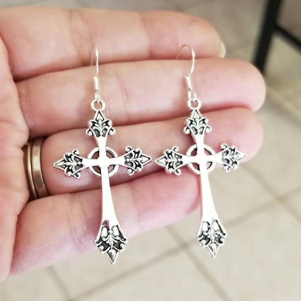 Large Cross Earrings, Sterling Silver Cross Earrings, Cross Dangle  Earrings, Womens Earrings, Goth, Gothic Cross Jewely, Religious Jewelry