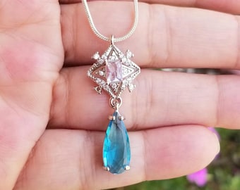 Sterling Silver Blue Topaz Necklace, Art Deco Blue Topaz Necklace, Blue Topaz Pendant Necklace, Blue Topaz Jewelry Set, Light Blue Gemstone