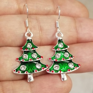 Brincos de árvore de Natal de prata, brincos de árvore de Natal de cristal, joias de Natal, brincos de Natal, feriados, árvores de Natal, presentes