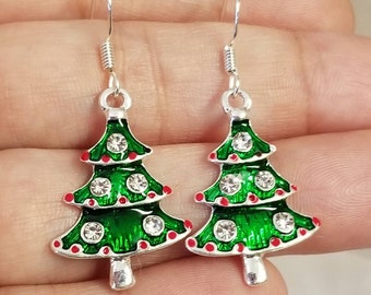 Boucles d'oreilles en argent pour arbre de Noël, Boucles d'oreilles en cristal pour arbre de Noël, Bijoux de Noël, Boucles d'oreilles de Noël, Vacances, Arbres de Noël, Cadeaux