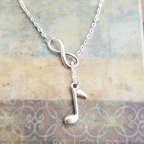 Silver Eighth Note Lariat Necklace, Music Note Necklace, Music Note Jewelry, Eighth Note Jewelry, Steve Perry, Infinity, Silver Lariat. Gift