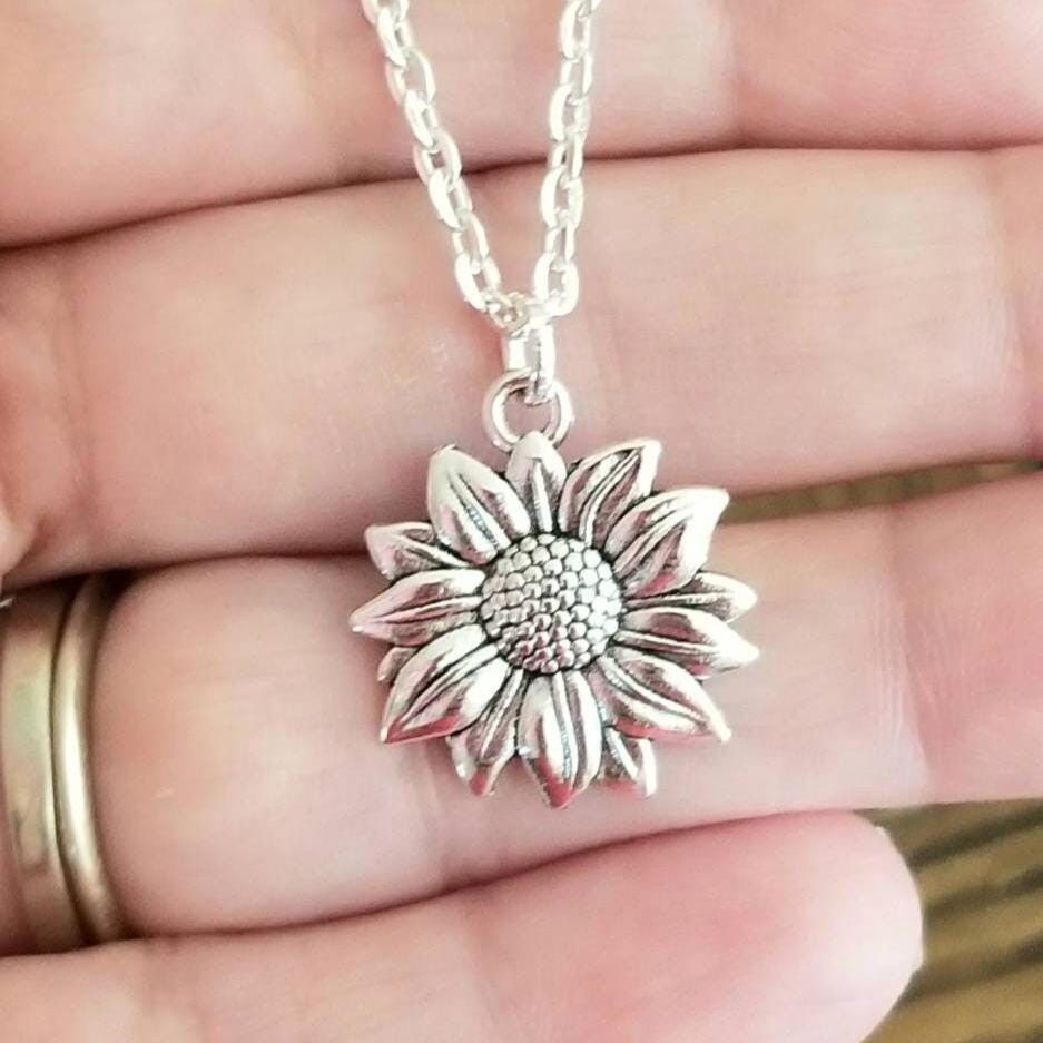 Silver Sunflower Necklace, Sunflower Pendant Necklace, Flower