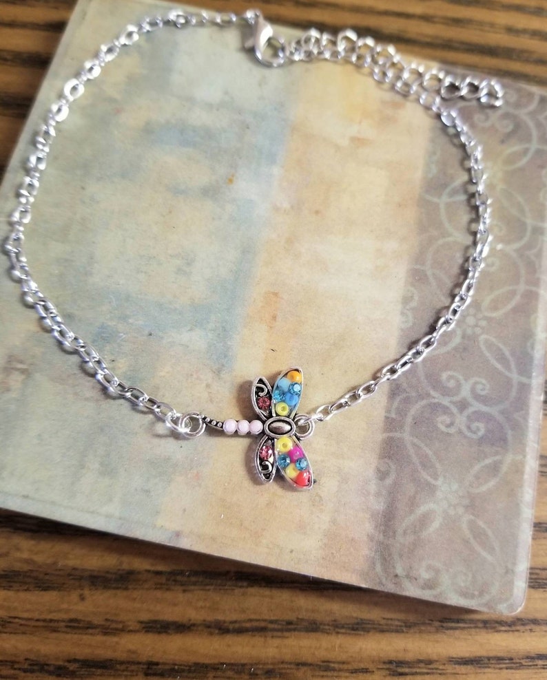 Silver Dragonfly Bracelet Colorful Dragonfly, Dragonfly Bracelet, Dragonfly Anklet, Dragonfly Necklace, Silver Bracelet, Silver Anklets Cable chain Anklet