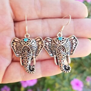 Crystal Elephant Earrings, Silver Elephant Earrings, Silver Elephant Dangle Earrings, Large Elephant Earrings, Elephant Dangle Earrings