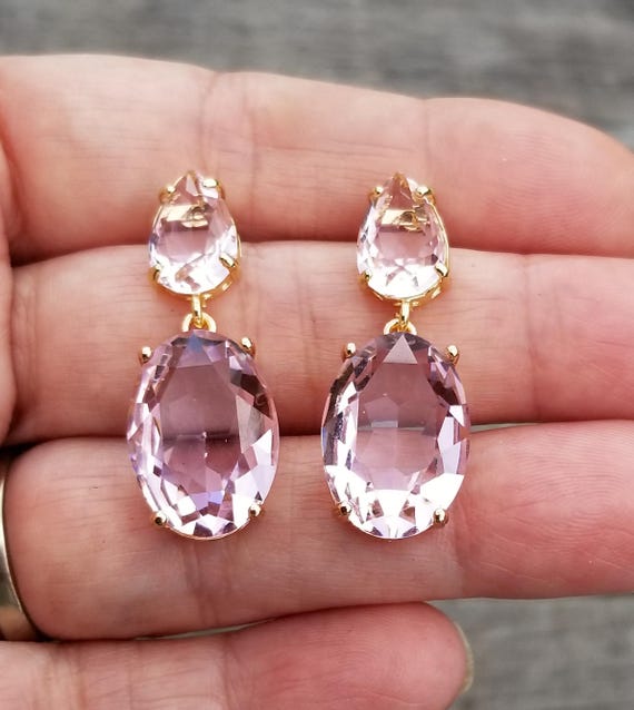 14k Gold Amethyst & Pink Tourmaline Double Drop Stud Earrings