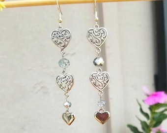 Long Silver Heart Dangle Earrings, Crystal Heart Earrings, Silver Heart Earrings, Hearts, Valentines Earrings, Valentine's Day Gift