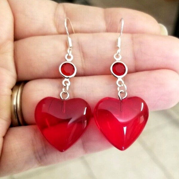 Red Heart Earrings, Silver Earrings, Large Heart Earrings, Heart Dangle Earrings, Red Glass Heart Earrings, Gifts for Her, Ruby Red Heart