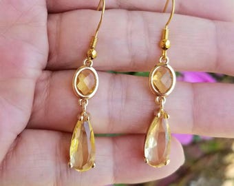 14k Gold Citrine Teardrop Earrings: Handmade Citrine Double Drop Earrings, Golod Citrine Dangle Earrings, November Birthstone Earrings