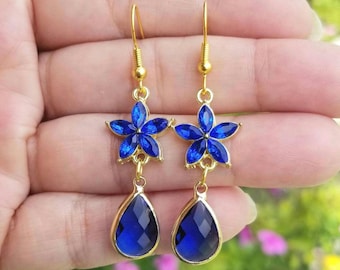 14k Gold Sapphire Floral Dangle Earrings, Blue Sapphire Teardrop, Sapphire Jewelry, September Birthstone, Blue Gemstone