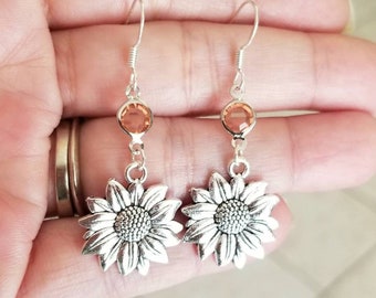 Sterling Silver Sunflower Earrings, Crystal Sunflower Dangle Earrings, Women's Earrings, Silver Flower Earrings, Gift for Her, Flowers