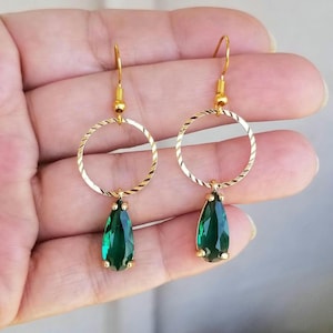 14k Gold Emerald Teardrop Earrings: Handmade Dangle Hoops