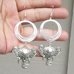 Long Elephant Dangle Earrings, Silver Elephant Earrings, Elephant Hoop Earrings, Elephant Jewelry, Large Elephant Earrings, Elephant Lover
