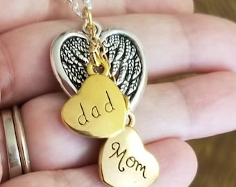 Mom & Dad Angel Wings Necklace: In Memory Gift, Mother Father Memorial Jewelry, Guardian Angels, Loss of Parents