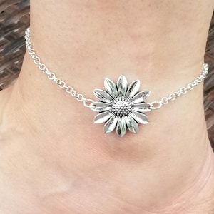 Sterling Silver Sunflower Anklet, Sunflower Ankle Bracelet, Sunflower Anklet, Flower Anklet, Women's Anklet, Sunflowers, Boho Anklet