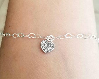 Silver Heart Anklet, Crystal Heart Anklet, Heart Ankle Bracelet, Heart Chain Anklet, Interlocking Hearts, Womens Anklet, Gifts for Her
