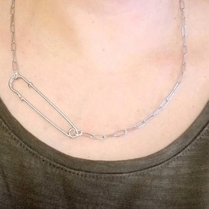 Silver Paperclip Chain Necklace, Safety Pin Necklace, 3mm Paperclip Chain Necklace, Large Chain, Safety Pin Jewelry, Gender Neutral Necklace
