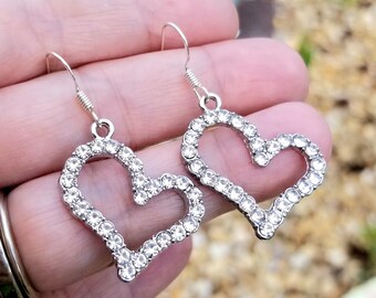 Silver Heart Earrings, Sterling Silver Heart Earrings, Heart Dangle Earrings, Crystal Heart Earrings, Heart Jewelry, Women's Earrings, Love