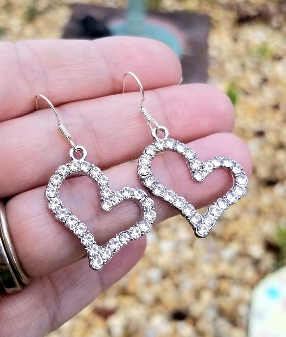 Sterling Silver Crystal Asymmetrical Heart Earrings, Womens Silver