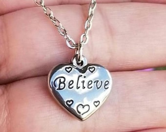 Stainless Steel BELIEVE Heart Pendant Necklace, Believe Jewelry, Love, Inspirational Jewelry, Believe Pendant, Valentine's Day Gift