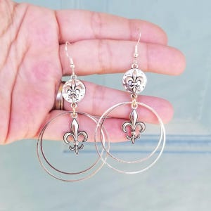 Silver Fleur de Lis Hoop Earrings: Stainless Steel Dangle Jewelry