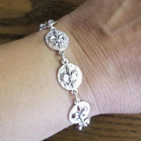 Fleur-de-Lis Bracelet, Silver Bracelet, Fleur de Lis Jewelry, France, Paris, Womens Bracelet, Fleur-de-Lis Charm Bracelet, Gifts for Her