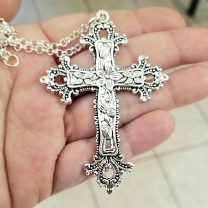 Silver Cross Necklace, Large Cross Necklace, Black Cross Necklace, Floral Embossed Cross Pendant Necklace, Religious, Gothic Jewelry, Goth