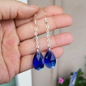 Large Sapphire Crystal Earrings, Sapphire Dangle Earrings, Blue Crystal Earrings, Womens Earrings, Sapphire Jewelry, September Birthstone