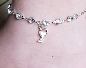 Silver Crystal Anklet, Wine Glass Charm Anklet, Crystal Ankle Bracelet, Wine Lover Gift, Wine Lover Jewelry, Wine Anklet, Friend Gifts
