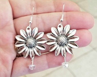 Sterling Silver Sunflower Earrings, Sunflower Earrings, Sunflower Dangle Earrings, Amethyst Earrings, Amethyst Jewelry, Sunflowers, Flowers