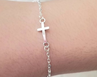Pulsera de cruz de plata esterlina, pulsera de cruz de plata .925, pulsera de cruz lateral, joyería religiosa, joyería de cruz, regalo para ella