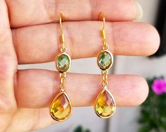 14金シトリンペリドットドロップピアス：ハンドメイド宝石ジュエリー