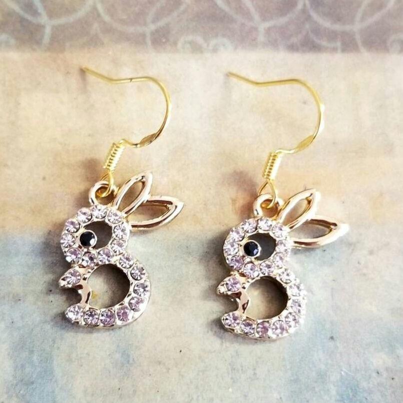 Bronze Rabbit Earring 14k Gold Bunny Earrings, Crystal Bunny Earrings, Gold Rabbit Earrings ...