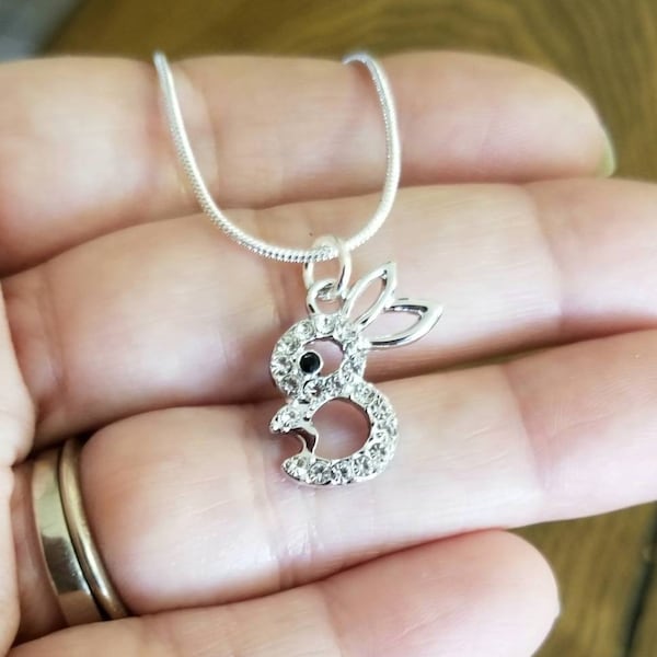 Silver Crystal Bunny Necklace, Silver Rabbit Necklace  Easter Bunny, Easter Jewelry, Easter Necklace  Bunny Earrings, Silver  Rabbit Pendant
