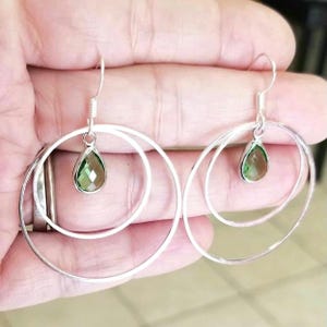 Sterling Silver Peridot Earrings, Peridot Hoop Earrings, Sterling Silver Hoop Earrings, Dangle, Drop, Peridot Jewelry, Hoops, Gift for Her