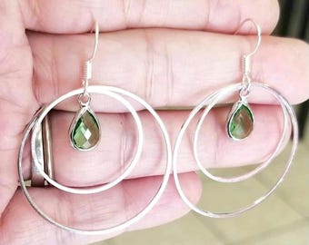 Sterling Silver Peridot Earrings, Peridot Hoop Earrings, Sterling Silver Hoop Earrings, Dangle, Drop, Peridot Jewelry, Hoops, Gift for Her