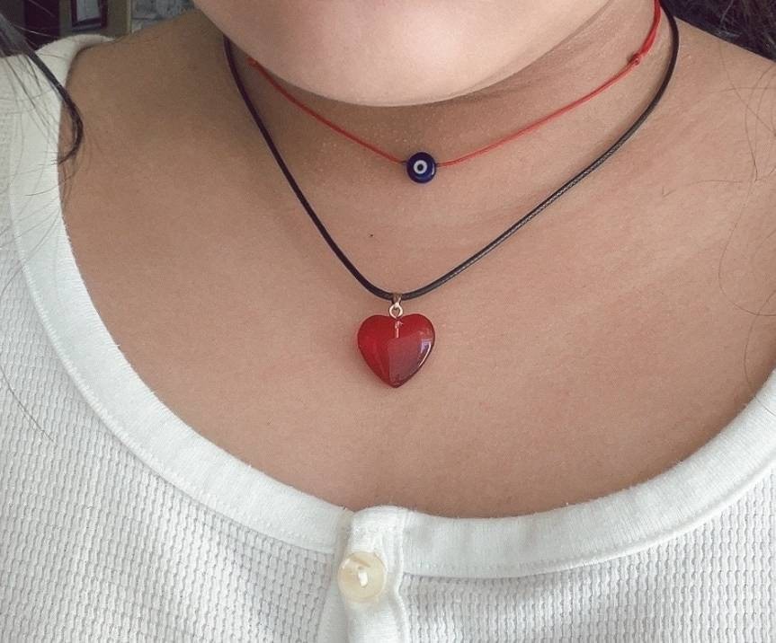 Collana Con Ciondolo A Cuore Rosso Grande, 3,3x3,3 Cm, In Vetro, Regolabile, Gioiello Di Tendenza Per Donna - 2