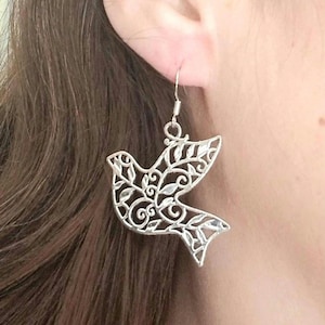 Silver Dove Earrings, Large Dove Earrings, Filigree Earrings, Peace Dove, Doves, Religious, Peace, Bridal Jewelry, Wedding, Bird Earrings