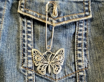 Safety Pin Brooch, Butterfly Pin, Butterfly Brooch, Safely Pins, Silver Brooch, Collar Pin, Jacket Pin, Butterfly Jewelry, Womens Brooches
