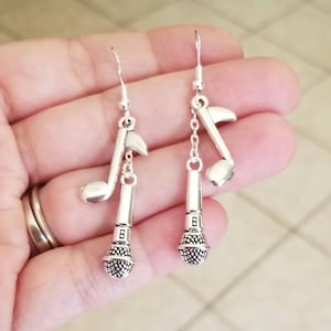 Silver Music Note Earrings, Eighth Note Earrings, Microphone Earrings, Dangle Earrings, Women&#39;s, Eighth Note Jewelry, Steve Perry, Musician